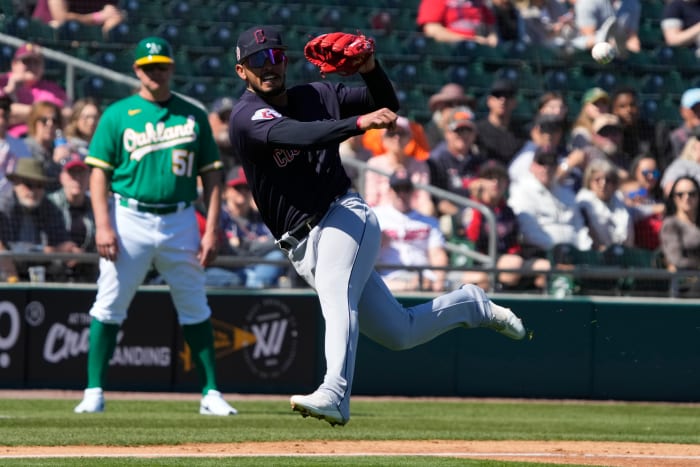 Mar 4, 2023; Mesa, Arizona, USA; Cleveland Guardians third baseman Gabriel Arias (8) makes the off balance throw against the Oakland Athletics in the first inning at Hohokam Stadium. Mandatory Credit: Rick Scuteri-USA TODAY Sports